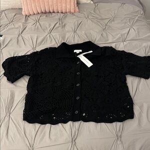 Top shop Black Crochet Button-Up sweater